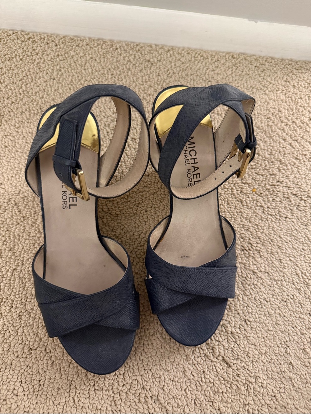 Michael Kors Navy Leather Wedge Sandals with Cork Heel - Picture 2 of 7